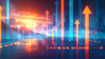 Futuristic city landscape with financial growth indicators and upward trends, showcasing modern - Powered by Adobe