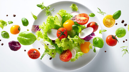 Fresh salad ingredients floating above a clean white plate, isolated on white background