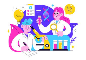Genetics Testing Illustration Featuring DNA Molecule Structure, Scientific Research, and Laboratory Experiment with Scientists in a Technological