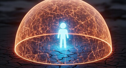 Glowing blue person protected by cracked orange energy dome on dry ground shield