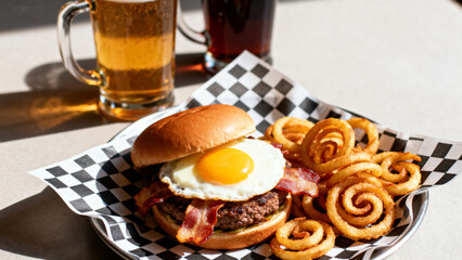 Burger with egg and fries served with beer
