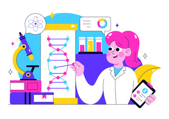 Genetics Testing Illustration Featuring DNA Molecule Structure, Scientific Research, and Laboratory Experiment with Scientists in a Technological