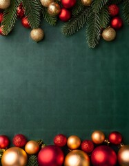 Dark green background gold and red balls at the bottom.