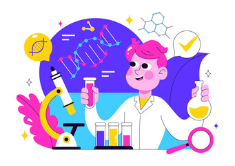 Genetics Testing Illustration Featuring DNA Molecule Structure, Scientific Research, and Laboratory Experiment with Scientists in a Technological