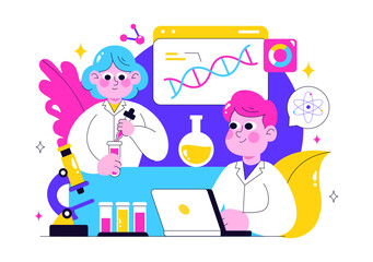 Genetics Testing Illustration Featuring DNA Molecule Structure, Scientific Research, and Laboratory Experiment with Scientists in a Technological