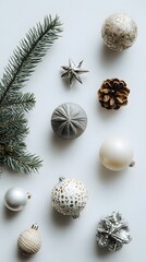 Minimalist flat lay with Christmas ornaments on white background