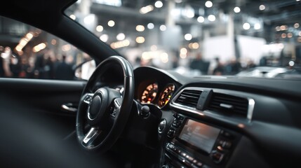 Car interior view from a showroom. Showcasing modern vehicle design. Automotive technology. Luxurious comfort. A sophisticated dashboard. And high quality materials
