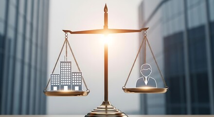 Golden Scales Balancing Corporate Buildings Against Single Person Silhouette scales of justice balance