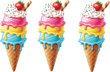 I see an image of three identical ice cream cones. Each cone has: Art & Illustration