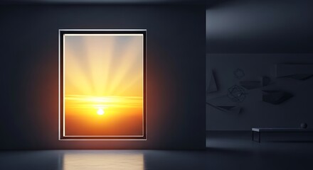 Illuminated window displays bright orange sunset with sun rays in dark room sunrise light