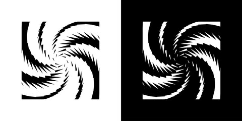 Spiral optical illusion abstract vector design with repeating geometric elements in black-and-white contrast, creating a dynamic and stunning visual effect.