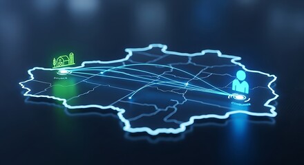 Neon blue network lines connect farm source to consumer on digital map connection distribution