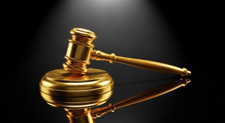 Glistening golden gavel representing legal authority on a reflective base
