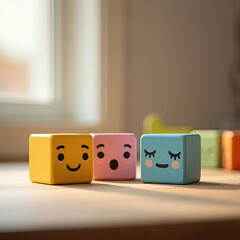 Colorful wooden blocks with cute faces expressing various emotions together