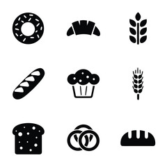 Black bakery icons donut croissant bread wheat muffin pretzel on white background vector
