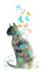 Elegant cat silhouette adorned with colorful butterflies in a serene watercolor artwork