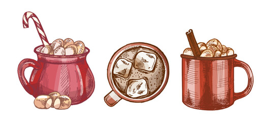 Hand drawn vintage illustration set of festive hot cocoa and cold chocolate drinks in rustic color style