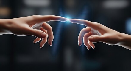 Two human hands reaching out touching fingers with blue light connection