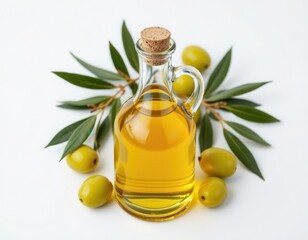 Olive Oil Bottle with Green Olives and Olive Leaves on White Background