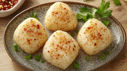 Four triangular seasoned rice balls on a speckled plate with green onions and parsley