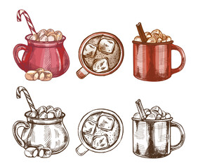 Hand drawn vintage sketch set of festive cocoa and iced chocolate drinks in color and monochrome version