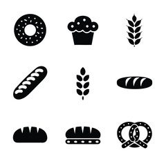 Black Icons of Bakery Items and Wheat Stalks on White Background bread donut