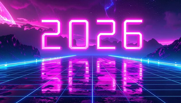 Futuristic neon 2026 glowing text with mountains and cyber grid landscape - Powered by Adobe