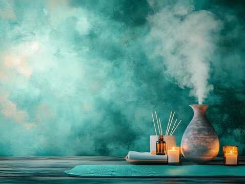 Serene Spa Setting Teal Wall Background Candles Aromatherapy Diffuser Yoga Mat - Powered by Adobe