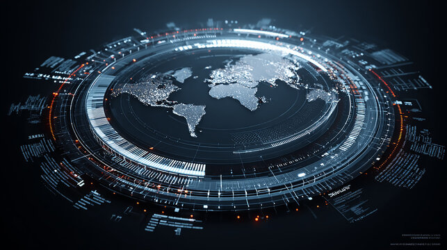 Futuristic circular radar HUD interface, high-tech GUI with interactive world map, glowing elements, isolated on black background