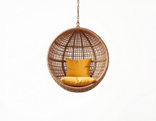 Obraz premium Cozy Rattan Hanging Chair with Soft Yellow Cushion for Relaxation