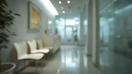 Modern clinic lobby blurring, showing empty waiting area chairs and a reception desk, creating a clean, sterile, and calm healthcare environment with soft lighting