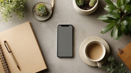 remote working desk flat lay with stylish accessories, dual screen, planner, smartphone, mug, and indoor plants, copyspace upper right