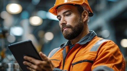engineer working with tablet in industrial environment, checking machinery data, focused expression, copyspace on side