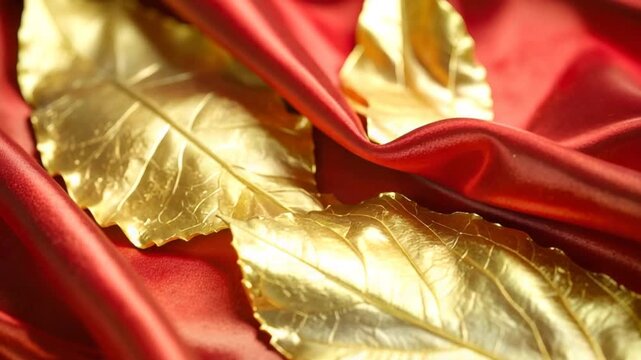 Golden leaves on red satin fabric