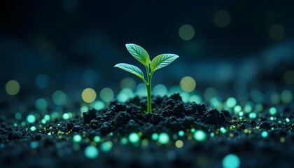 Glowing Seedling Growing in Soil with Futuristic Light