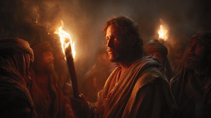 Jesus being betrayed in the garden, torches in background, dramatic tension