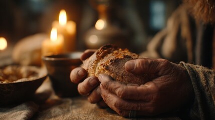 close-up of Jesus hands blessing bread and wine, soft candlelight