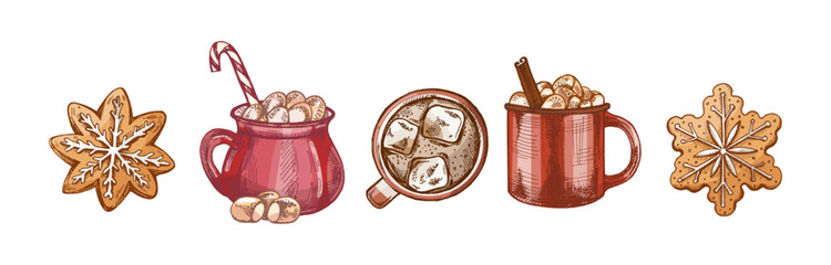 Hand drawn vintage sketch set of festive cocoa mugs with marshmallows and gingerbread cookies in color version