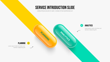 Fototapeta premium Sales Report Two Element Diagram Presentation Design. Project Portfolio Slide Template Vector Illustration. Professional Innovation 2 Step Infographic Frame Layout.