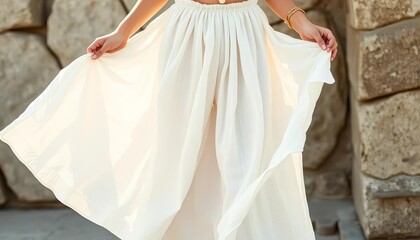 Flowing white linen midi skirt and matching cropped top, delicate gold jewelry,  chic,  gold jewelry