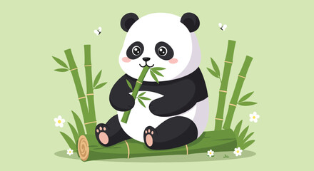 Adorable cartoon panda sitting and eating bamboo shoots in a lush green environment.