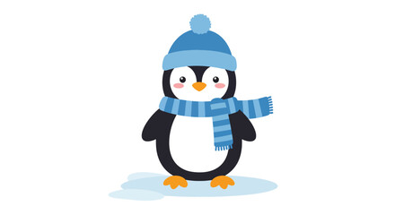 Adorable cartoon penguin wearing a blue knitted hat and scarf