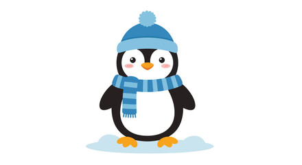 Adorable cartoon penguin wearing a blue knitted hat 