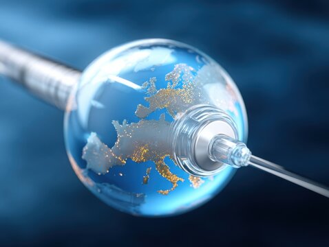 Syringe needle piercing a transparent globe with illuminated continents, symbolizing global vaccination, healthcare, and medical innovation on a blue background.
 - Powered by Adobe