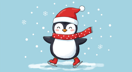 Adorable cartoon penguin wearing a Santa hat and scarf ice skating joyfully in a snowy winter scene.