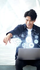 Young asian businessman interacting with a hologram of rpa technology and automated data transfer.