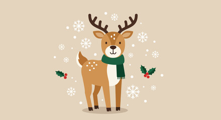 Adorable cartoon reindeer wearing a green scarf surrounded by snowflakes