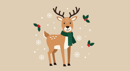 Adorable cartoon reindeer with antlers and green scarf surrounded by snowflakes and holly.