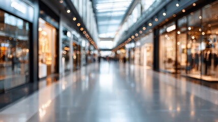 Fototapeta premium Modern shopping mall interior capturing the vibrant atmosphere of consumerism, featuring blurred storefronts and bright bokeh lights creating a dynamic retail background