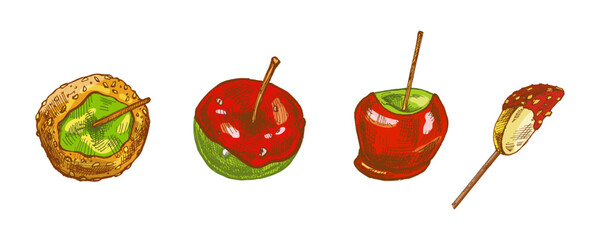 Hand drawn vintage sketch set of caramel apples and candied fruits on stick in festive color version